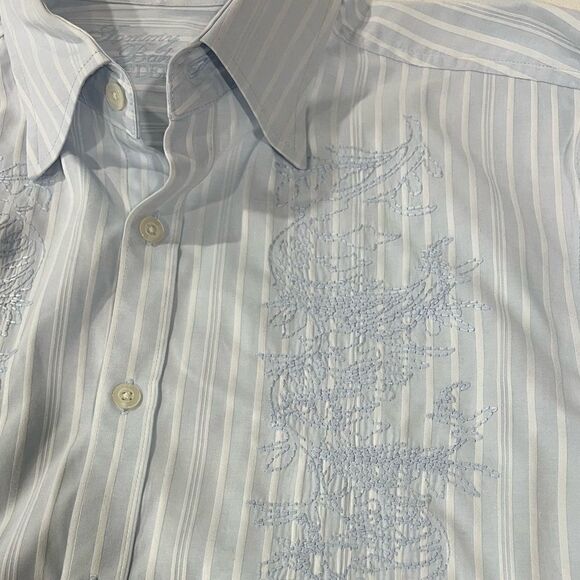 Tommy Bahama XL Men’s Blue Striped Embroidered Button-Up Shirt 100% Cotton - Picture 3 of 5